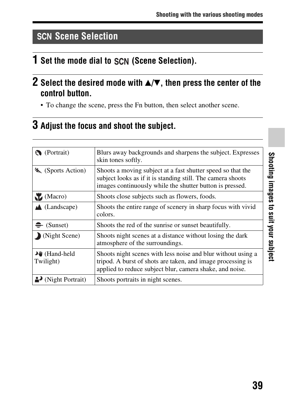 Scene selection, Set the mode dial to (scene selection), Adjust the focus and shoot the subject | Sony A57 User Manual | Page 39 / 215