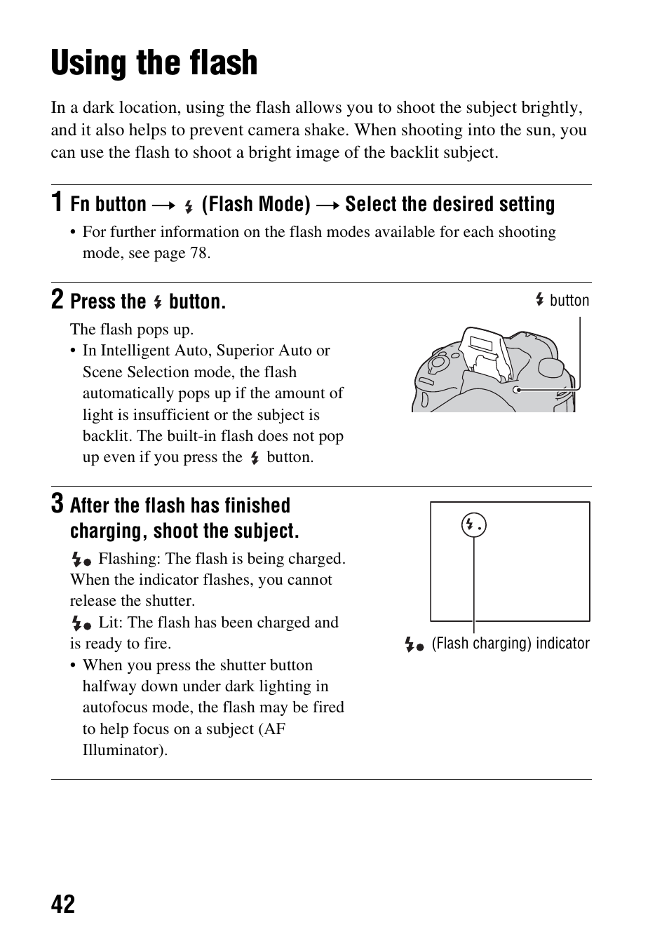 Using the shooting functions, Using the flash, N (42 | Sony A57 User Manual | Page 42 / 215