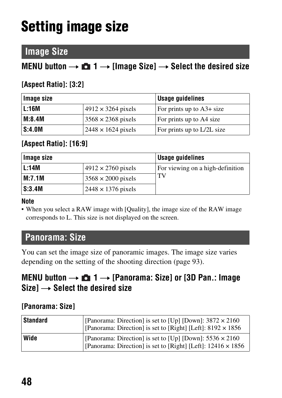 Setting image size, Image size, Panorama: size | Image size panorama: size | Sony A57 User Manual | Page 48 / 215