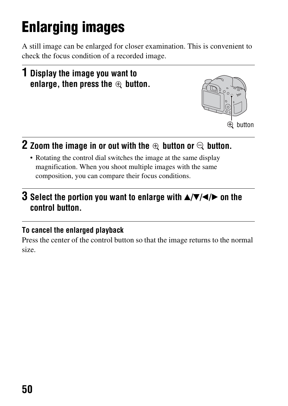 Using the playback functions, Enlarging images, N (50) | Sony A57 User Manual | Page 50 / 215