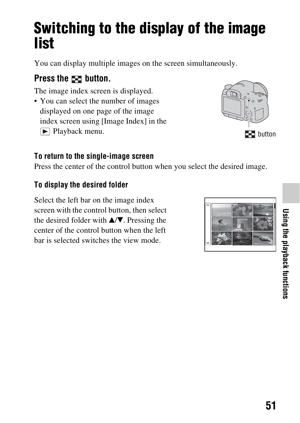 Switching to the display of the image list, N (51) | Sony A57 User Manual | Page 51 / 215