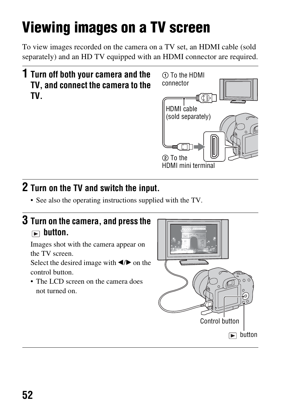 Viewing images on a tv screen | Sony A57 User Manual | Page 52 / 215