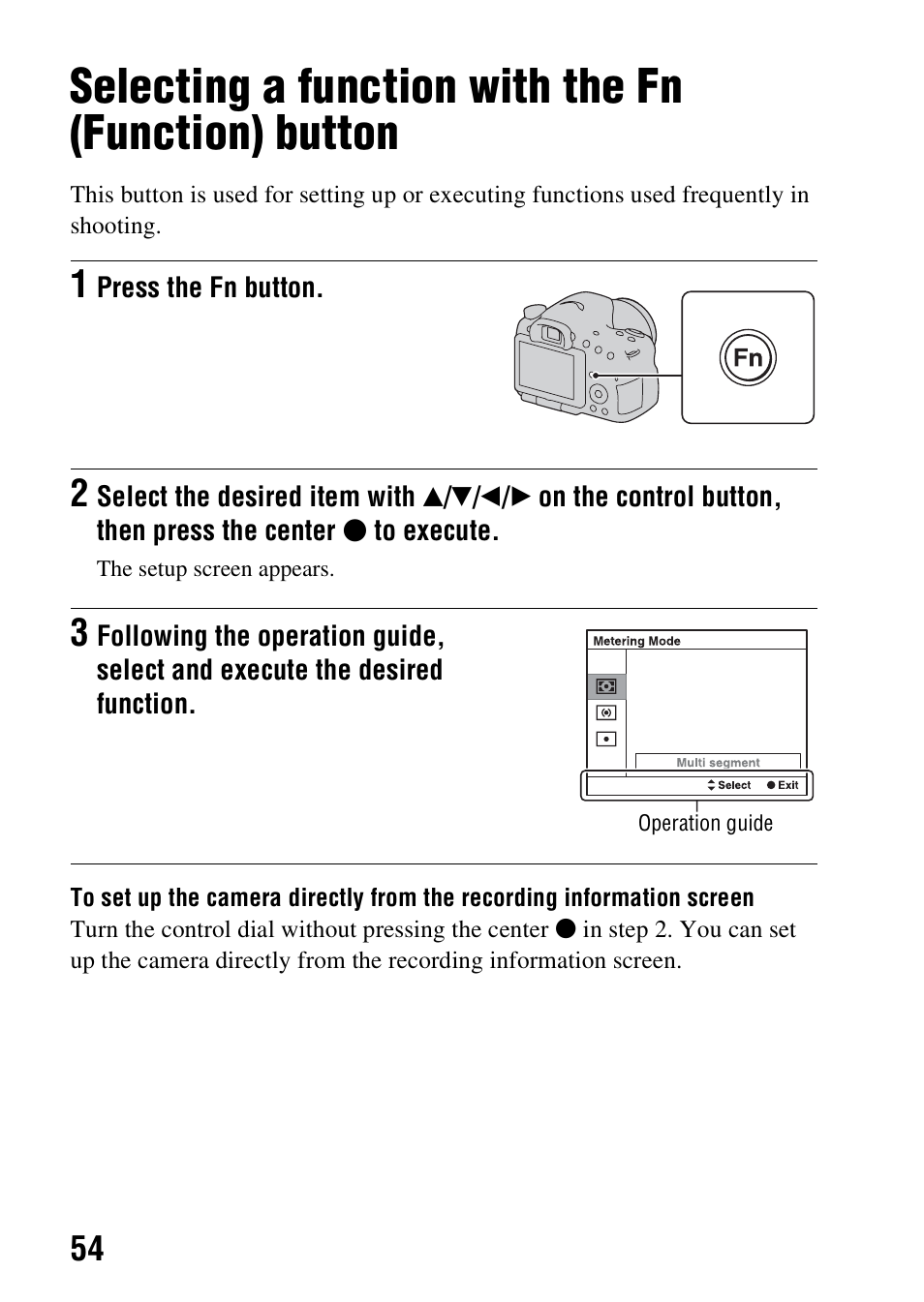 Selecting a function with the fn (function) button | Sony A57 User Manual | Page 54 / 215