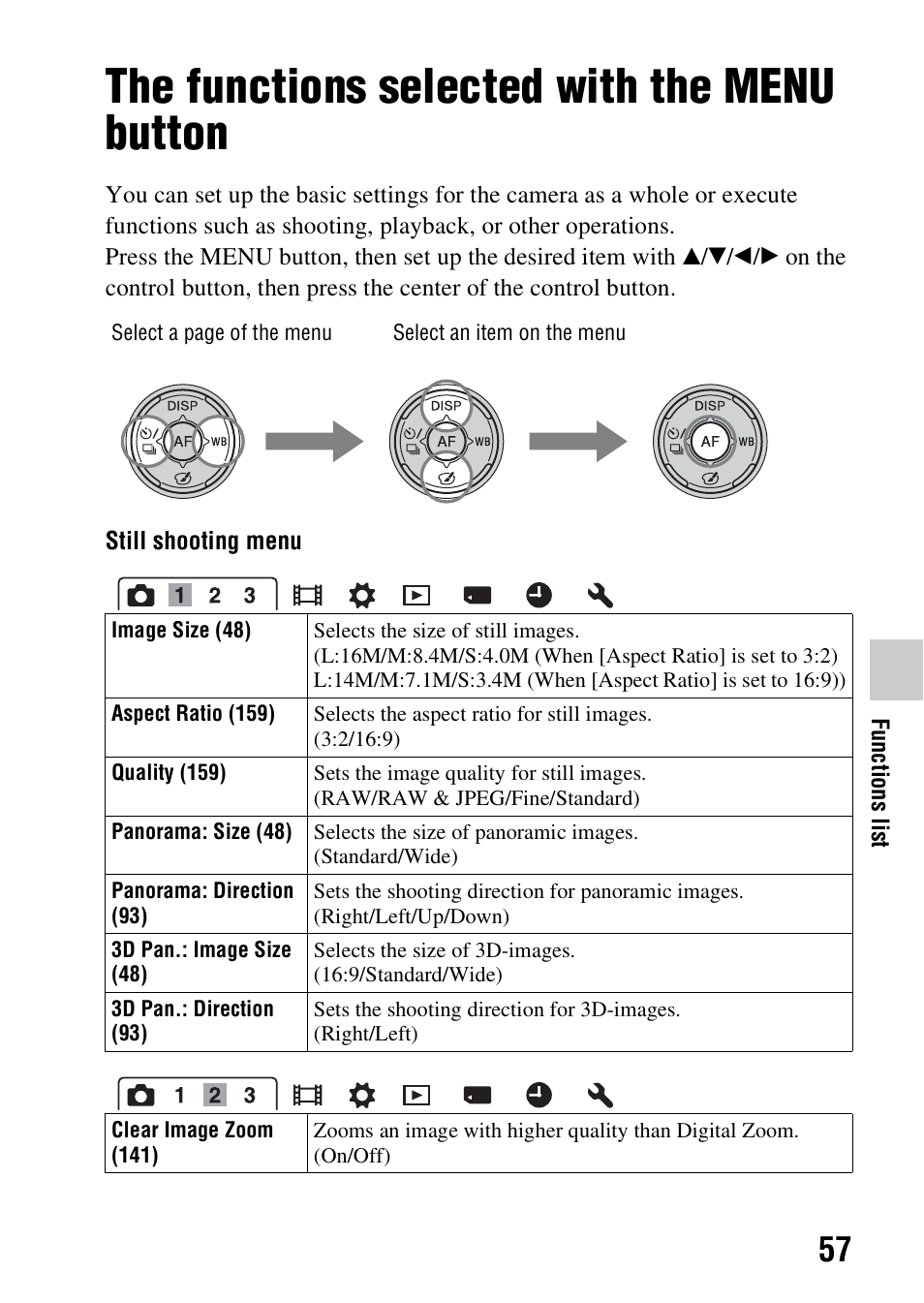 The functions selected with the menu button, N (57), On (57) | Sony A57 User Manual | Page 57 / 215