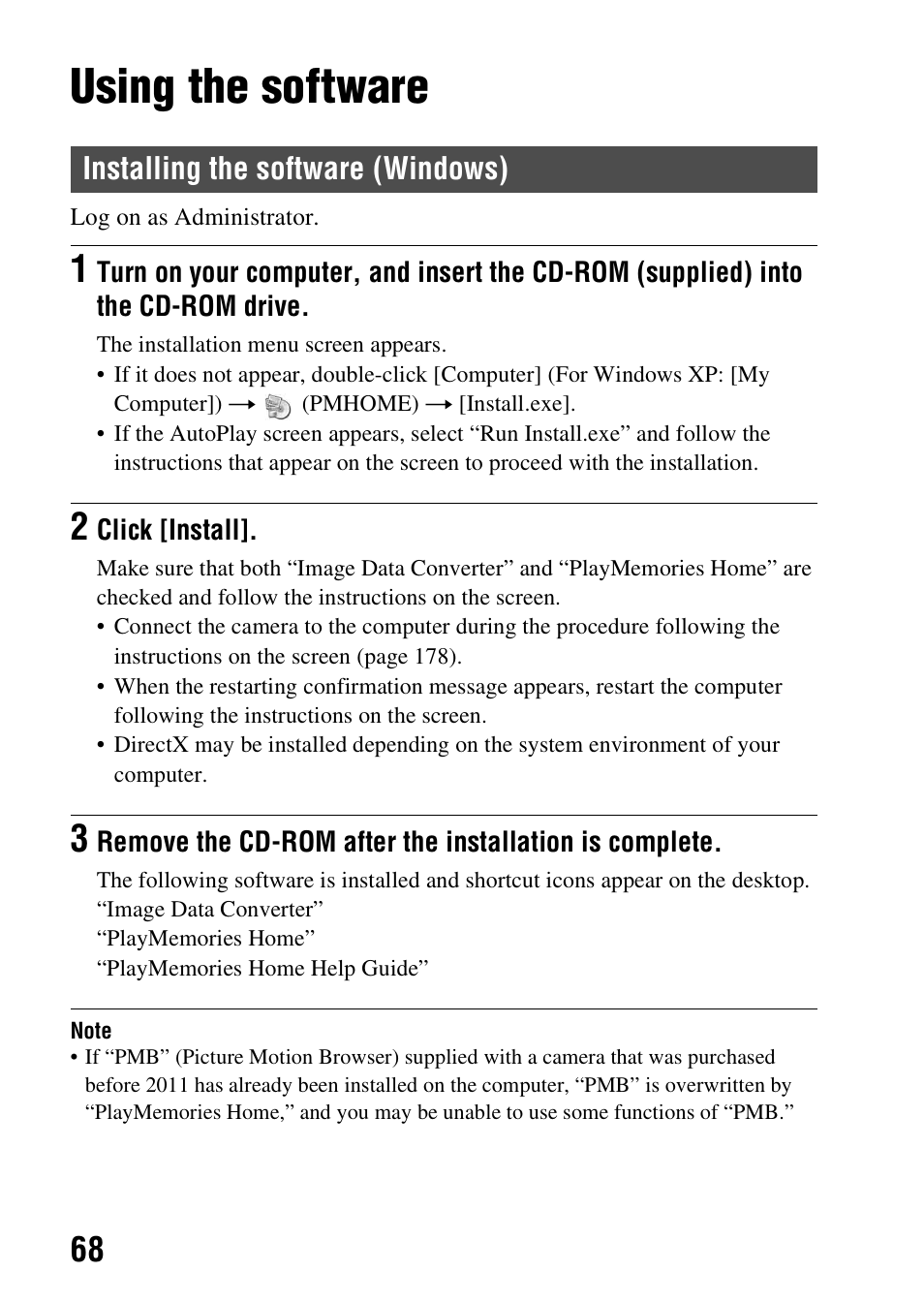 Using the software, Installing the software (windows) | Sony A57 User Manual | Page 68 / 215