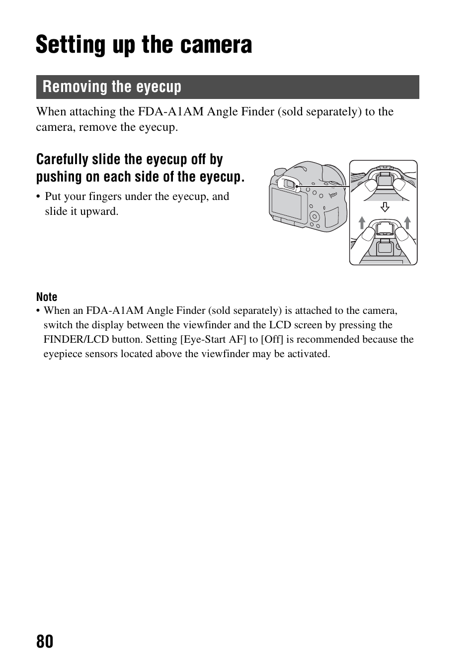 Preparation, Setting up the camera, Removing the eyecup | Sony A57 User Manual | Page 80 / 215