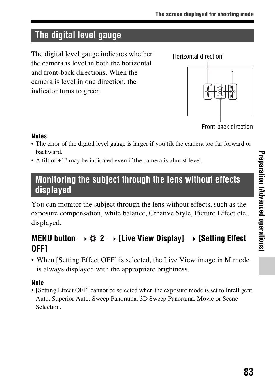 The digital level gauge, Displayed, F (83) | Sony A57 User Manual | Page 83 / 215