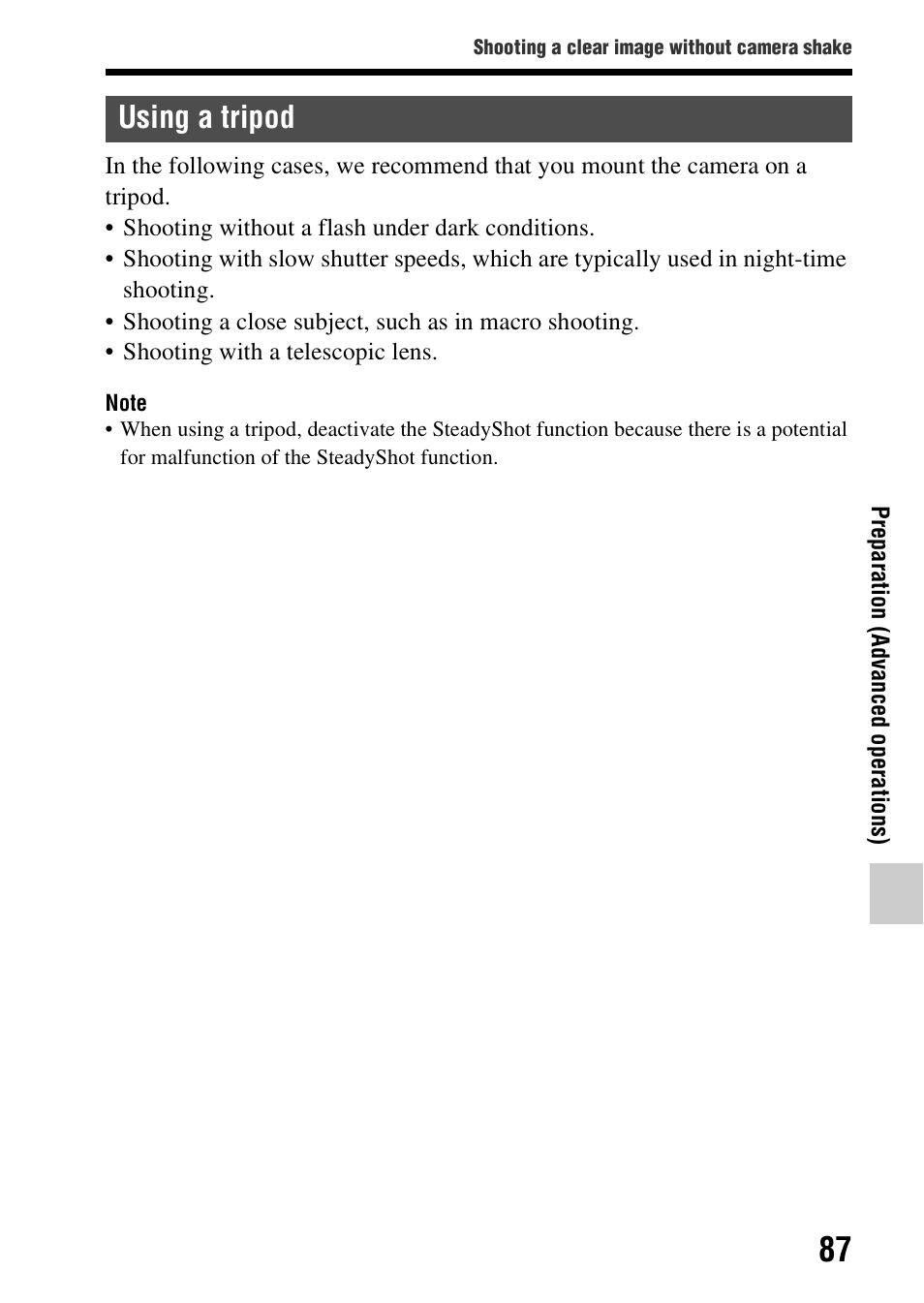 Using a tripod | Sony A57 User Manual | Page 87 / 215