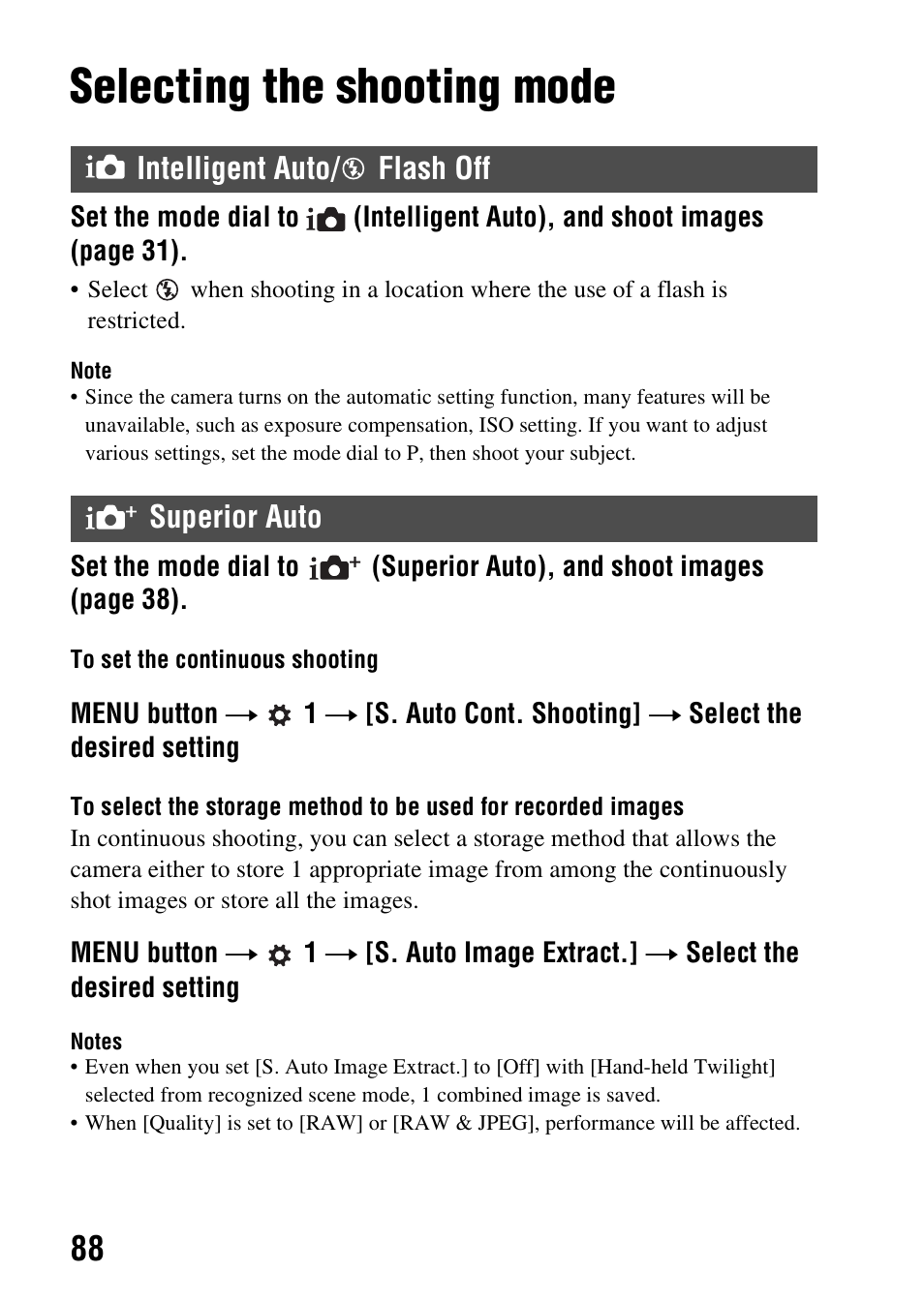 Shooting, Selecting the shooting mode, Intelligent auto/ flash off | Superior auto, Ting (88), Shooting (advanced operations), Intelligent auto/ flash off superior auto | Sony A57 User Manual | Page 88 / 215