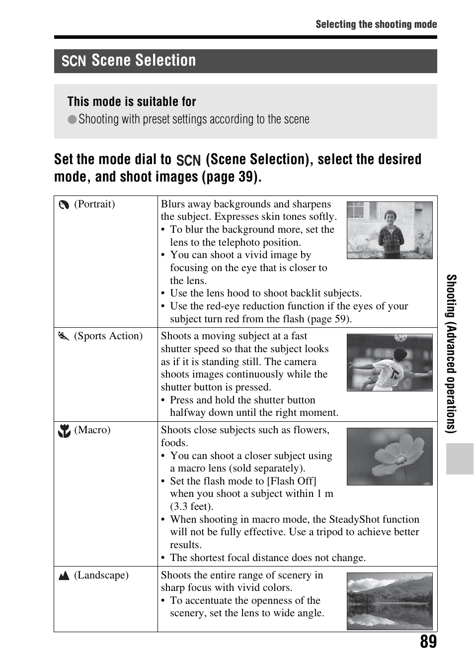 Scene selection | Sony A57 User Manual | Page 89 / 215