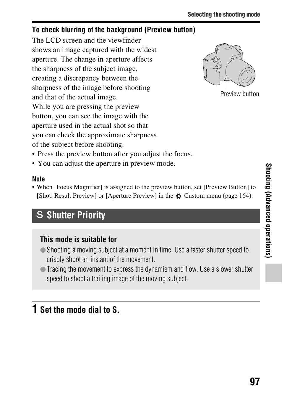 Shutter priority, 97)/f, N (97) | D (97), Set the mode dial to s | Sony A57 User Manual | Page 97 / 215