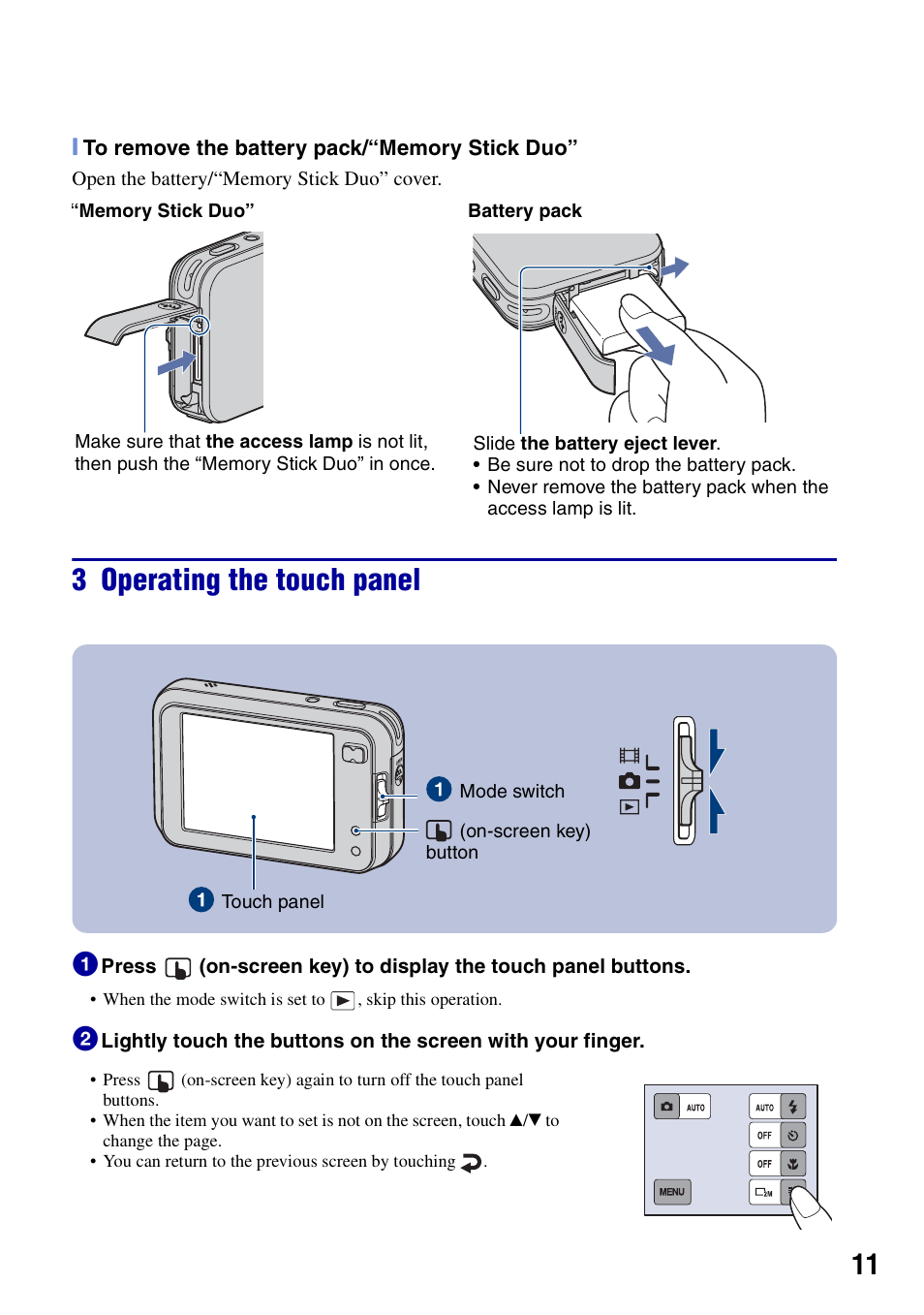 3 operating the touch panel | Sony Cyber-shot DSC-N2 User Manual | Page 11 / 32