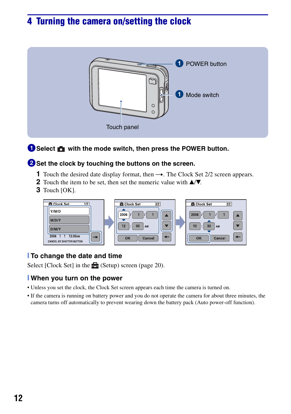 4 turning the camera on/setting the clock | Sony Cyber-shot DSC-N2 User Manual | Page 12 / 32