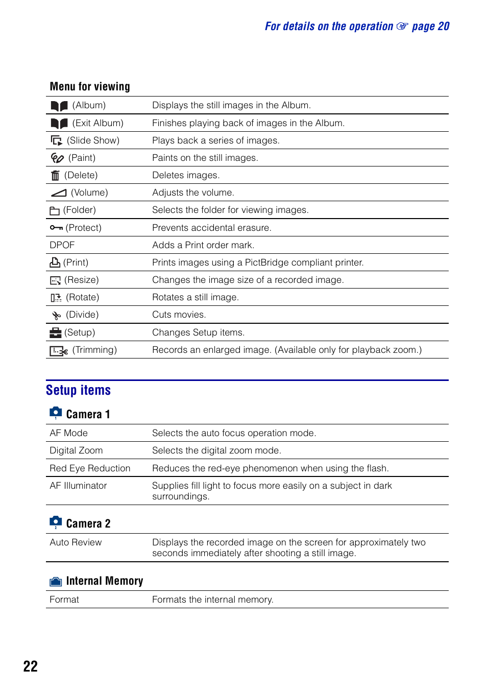 Setup items | Sony Cyber-shot DSC-N2 User Manual | Page 22 / 32
