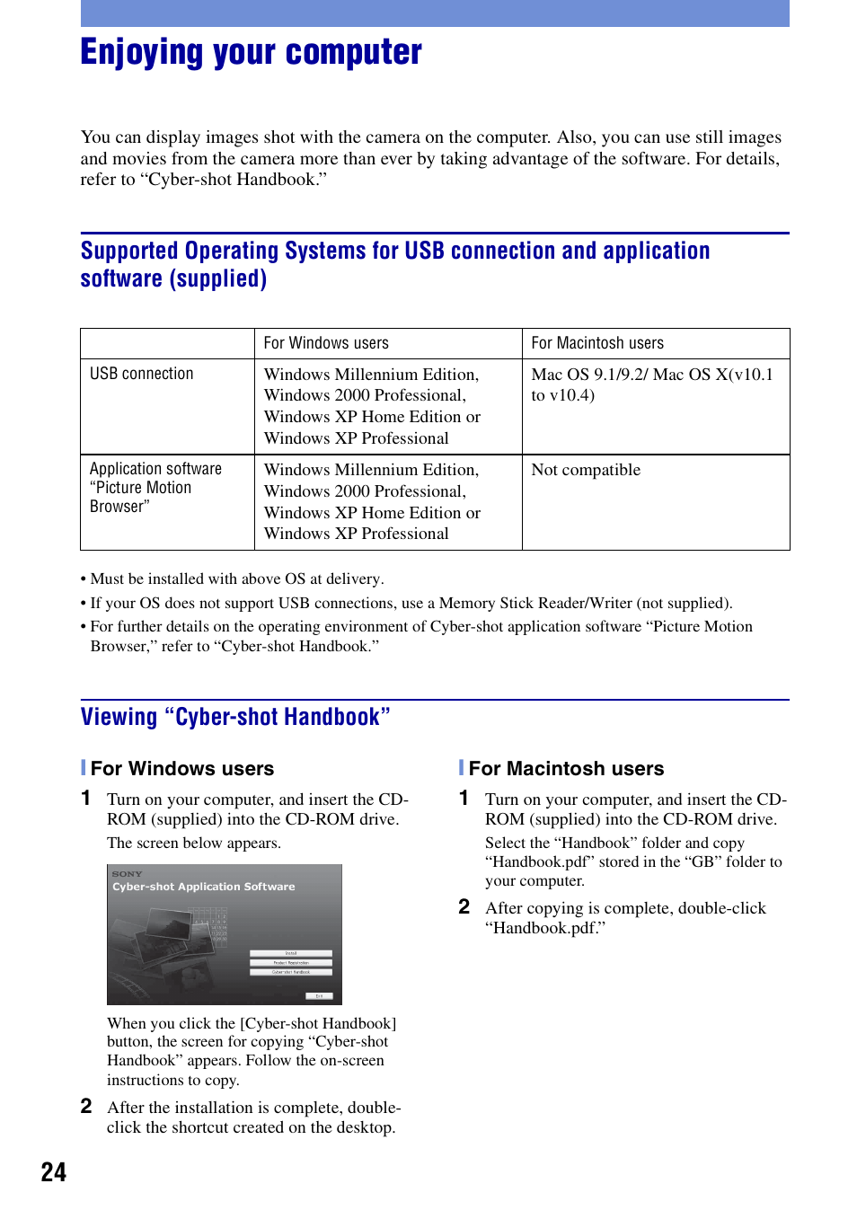 Enjoying your computer, Viewing “cyber-shot handbook | Sony Cyber-shot DSC-N2 User Manual | Page 24 / 32