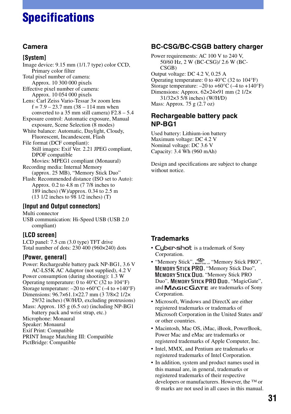 Specifications | Sony Cyber-shot DSC-N2 User Manual | Page 31 / 32