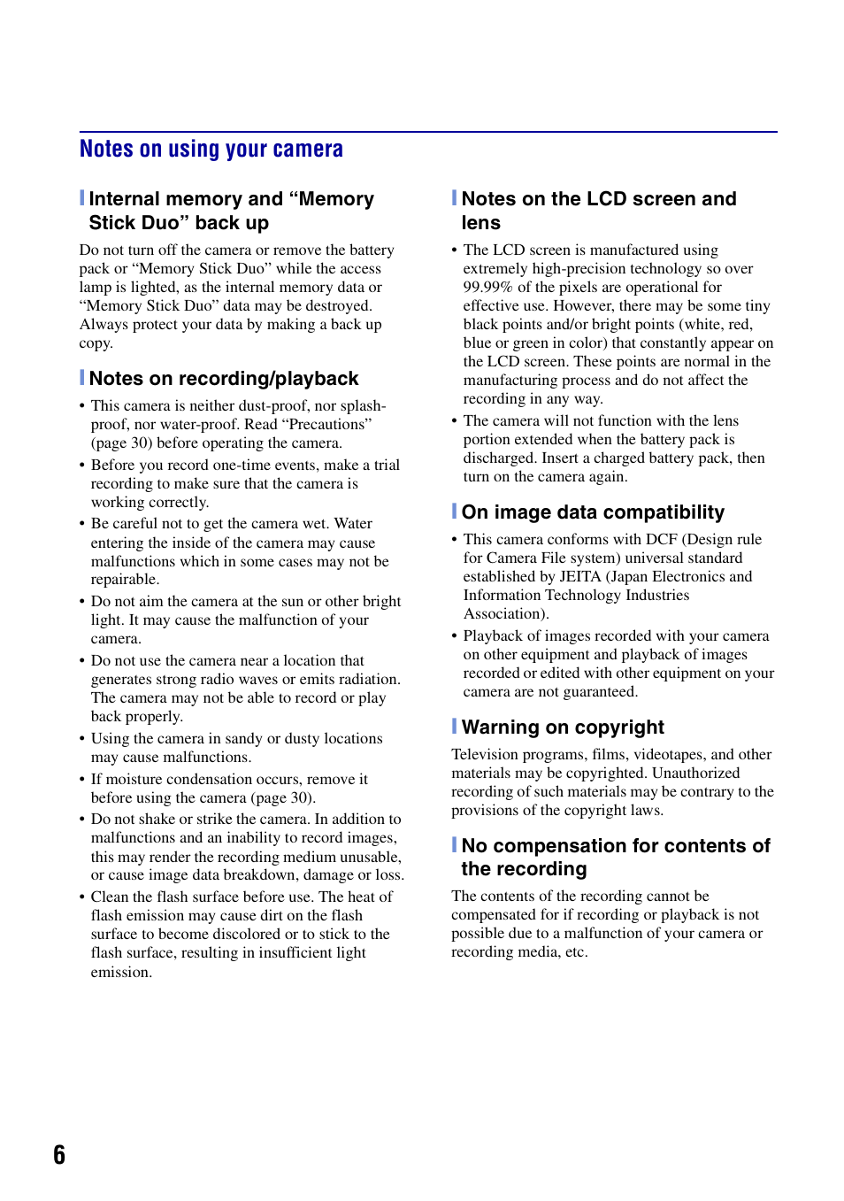 Notes on using your camera | Sony Cyber-shot DSC-N2 User Manual | Page 6 / 32