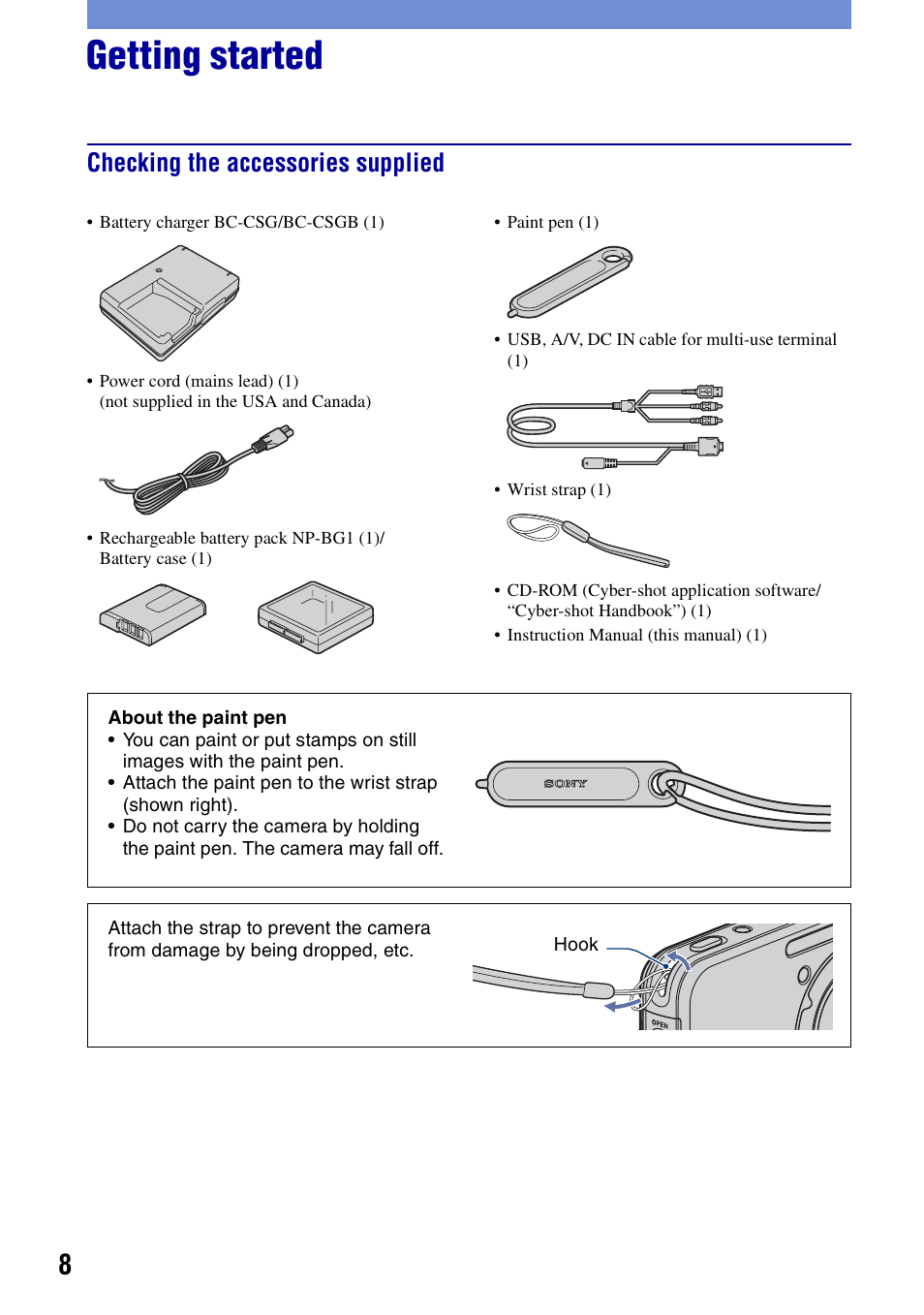 Getting started, Checking the accessories supplied | Sony Cyber-shot DSC-N2 User Manual | Page 8 / 32