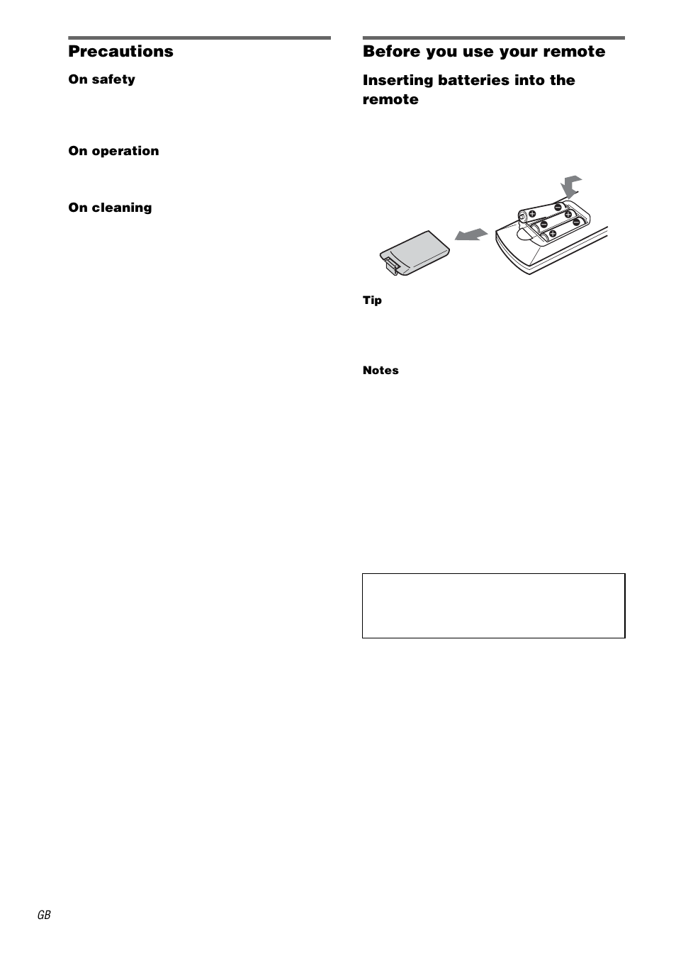Precautions, Before you use your remote, Inserting batteries into the remote | Sony RM-LJ312 User Manual | Page 2 / 28