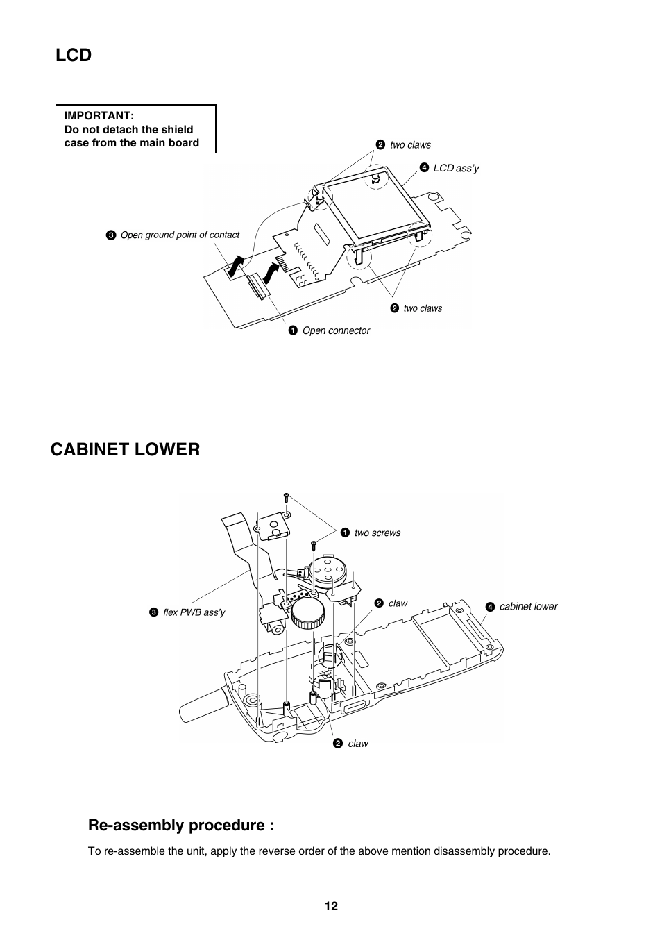 Cabinet lower, Re-assembly procedure | Sony CMD-J5/J16 User Manual | Page 12 / 20