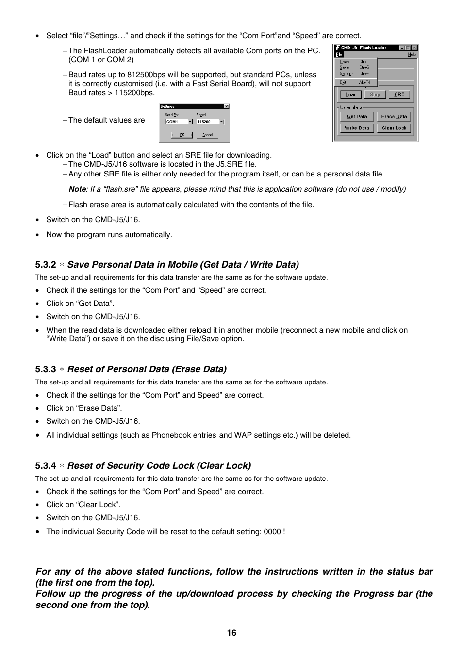Reset of personal data (erase data), Reset of security code lock (clear lock) | Sony CMD-J5/J16 User Manual | Page 16 / 20
