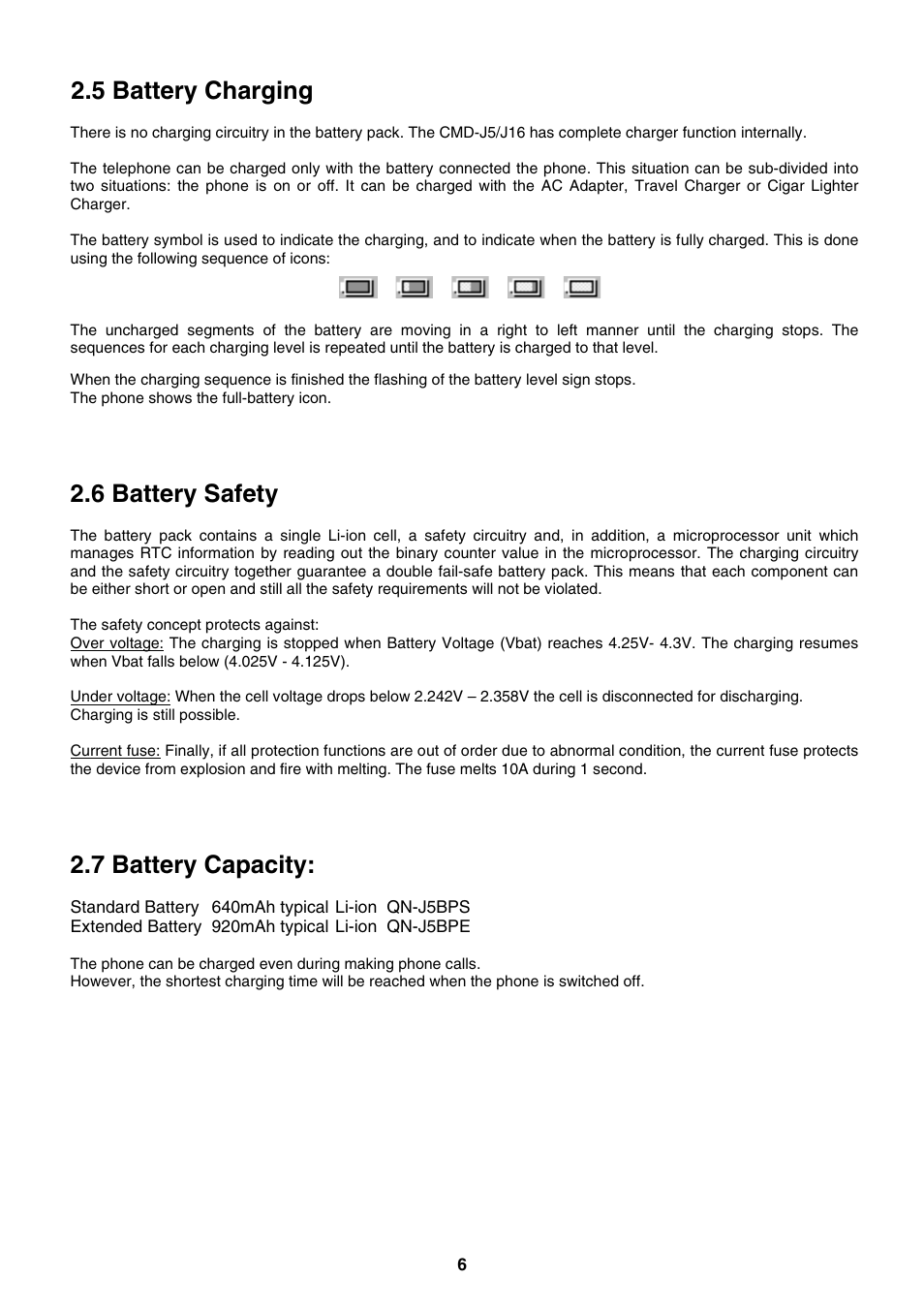 5 battery charging, 6 battery safety, 7 battery capacity | Sony CMD-J5/J16 User Manual | Page 6 / 20