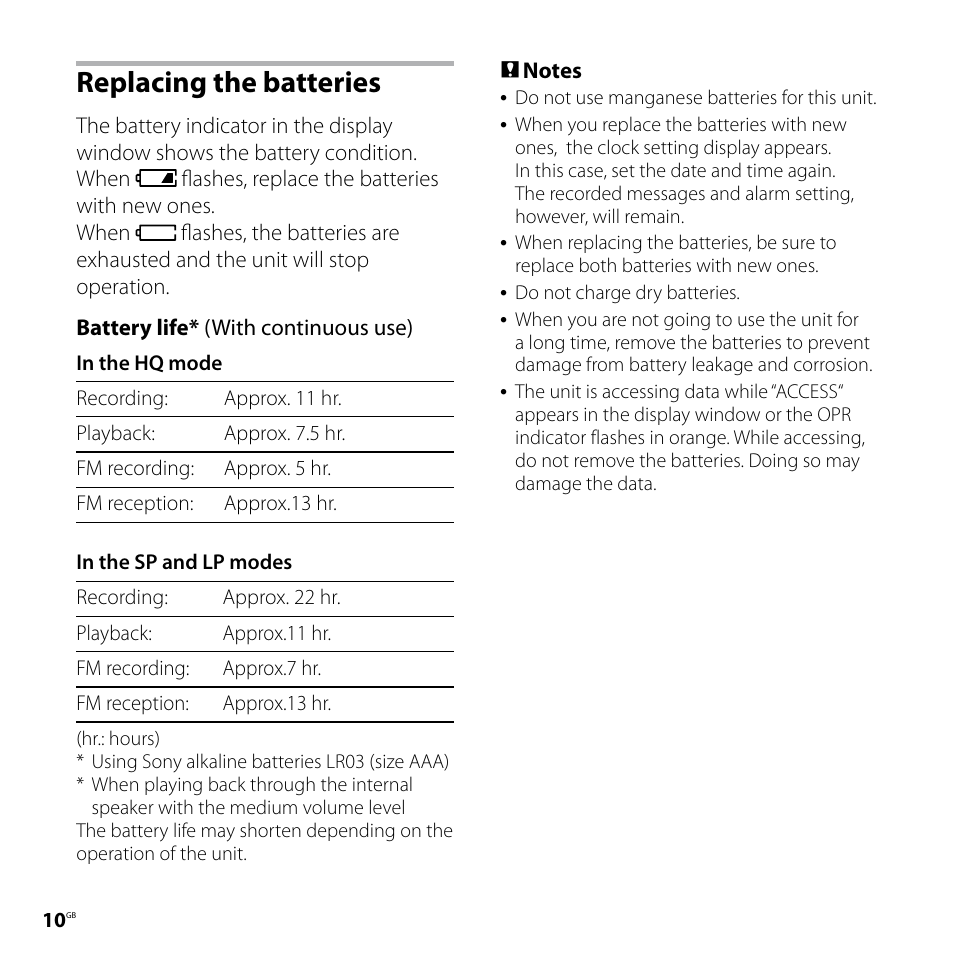 Replacing the batteries | Sony IC RECORDER ICD-P530F User Manual | Page 10 / 60