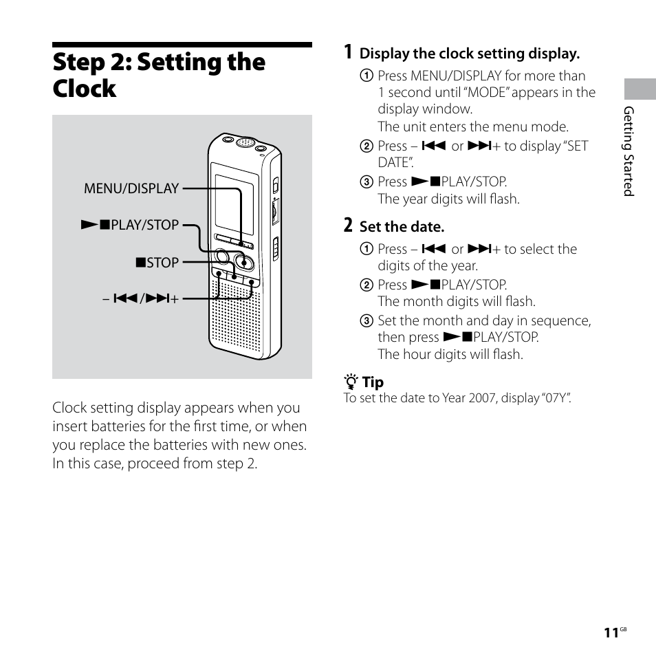 Step 2: setting the clock | Sony IC RECORDER ICD-P530F User Manual | Page 11 / 60