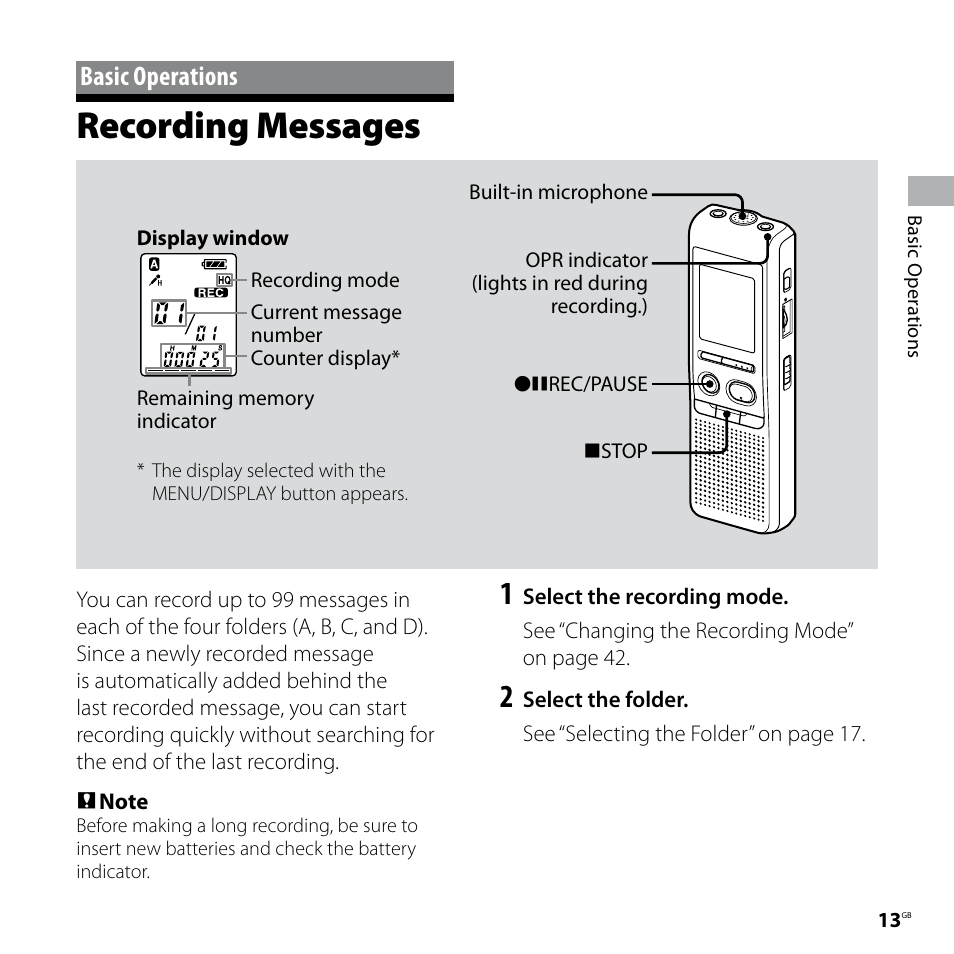 Basic operations, Recording messages | Sony IC RECORDER ICD-P530F User Manual | Page 13 / 60