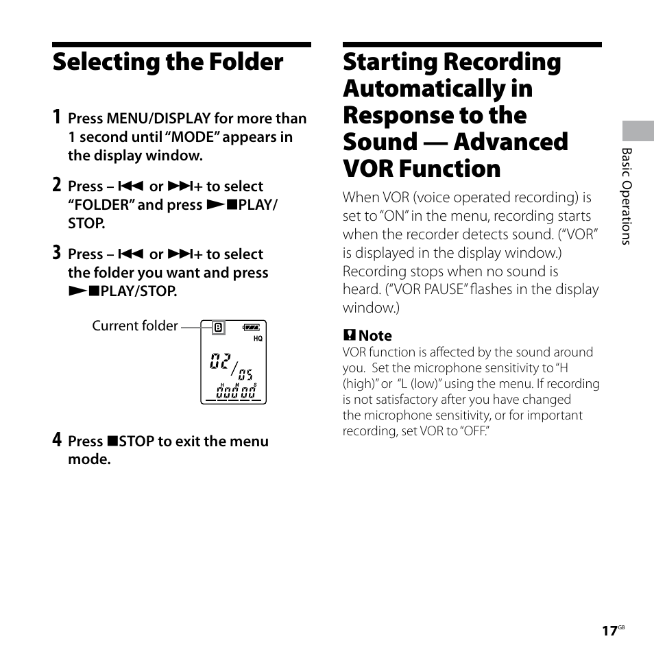 Selecting the folder, In response to the sound, Advanced vor function | Sony IC RECORDER ICD-P530F User Manual | Page 17 / 60