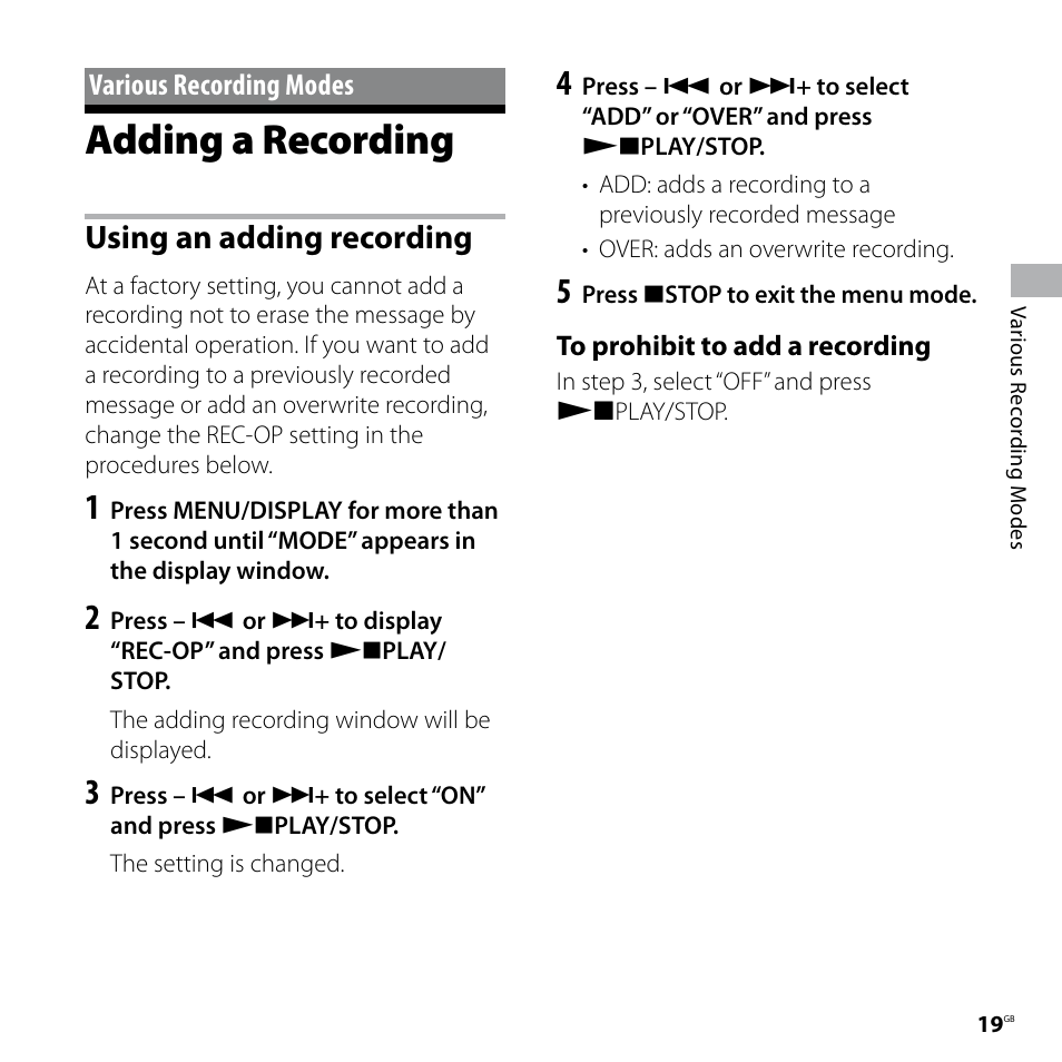 Various recording modes, Adding a recording, Using an adding recording | Sony IC RECORDER ICD-P530F User Manual | Page 19 / 60