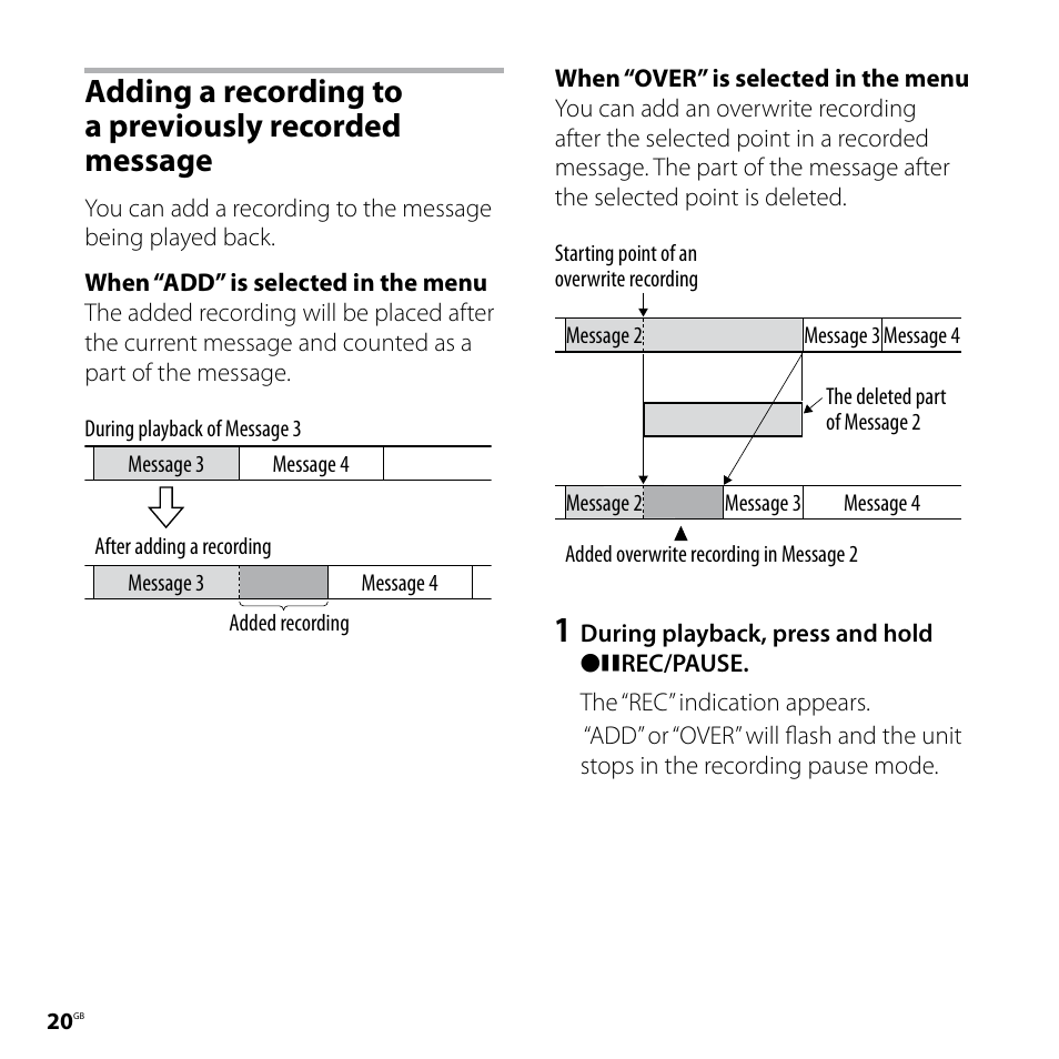 Adding a recording to a, Previously recorded message | Sony IC RECORDER ICD-P530F User Manual | Page 20 / 60
