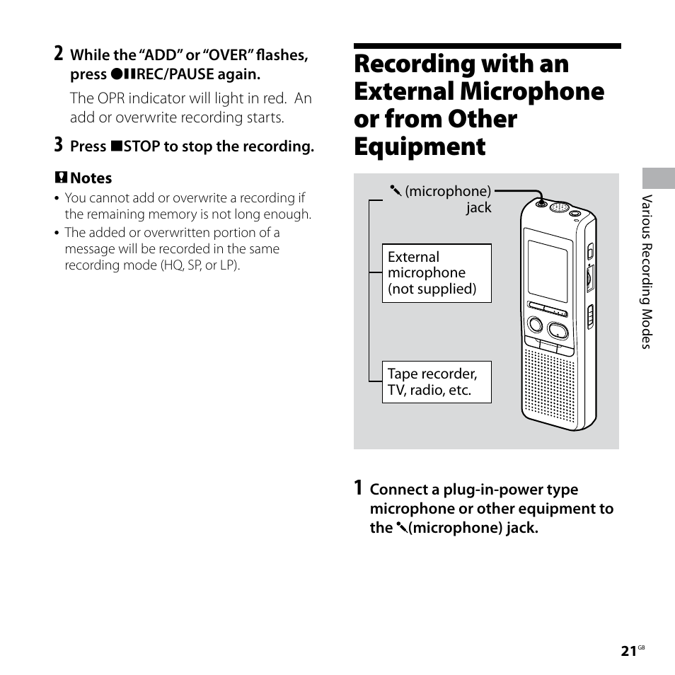 Recording with an external, Microphone or from other, Equipment | Sony IC RECORDER ICD-P530F User Manual | Page 21 / 60