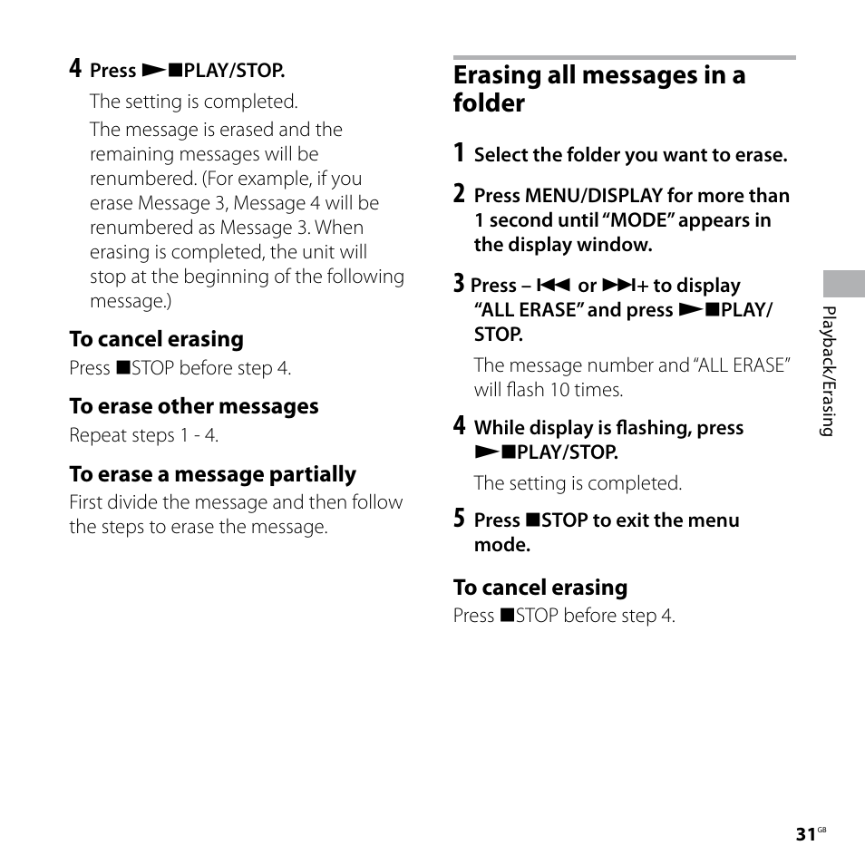 Erasing all messages in a folder | Sony IC RECORDER ICD-P530F User Manual | Page 31 / 60