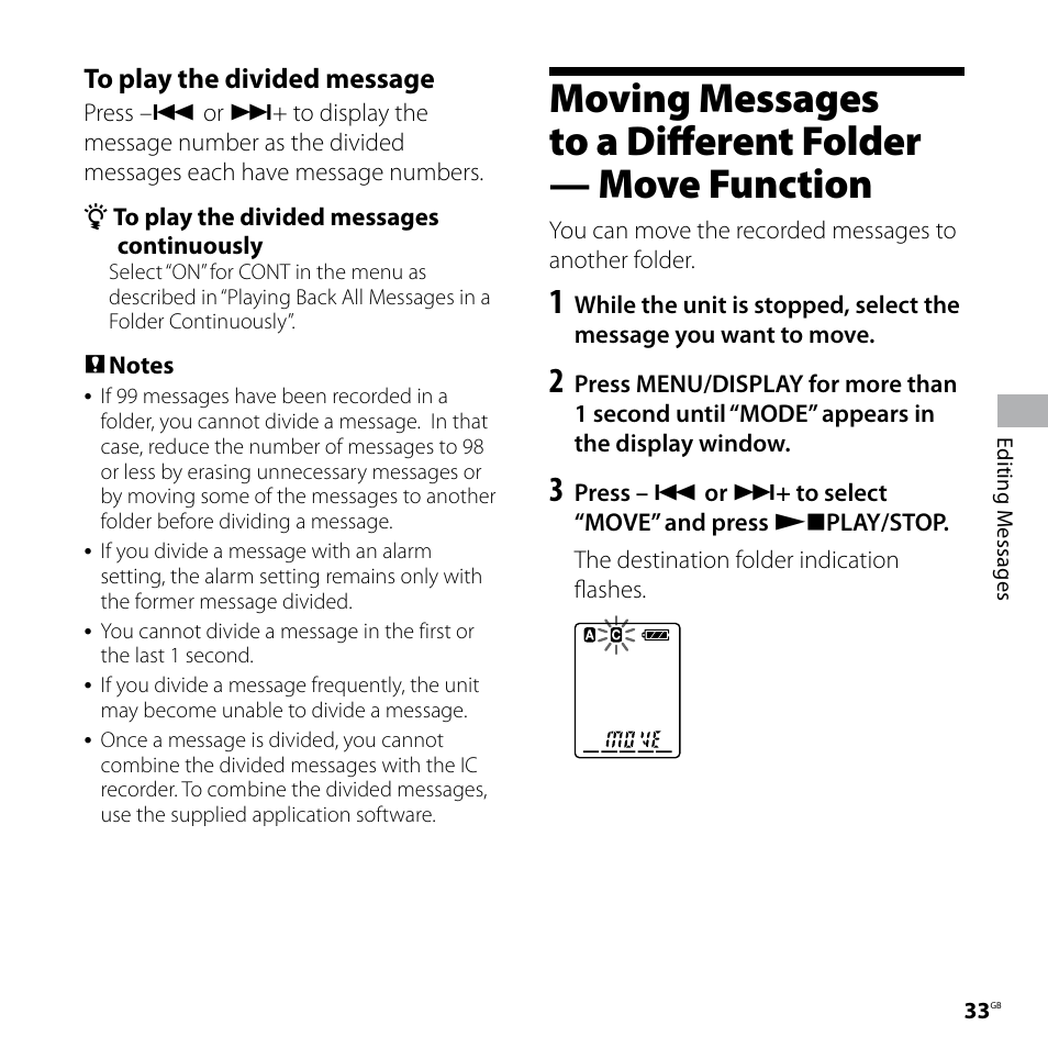 Moving messages to a, Different folder, Move function | Sony IC RECORDER ICD-P530F User Manual | Page 33 / 60