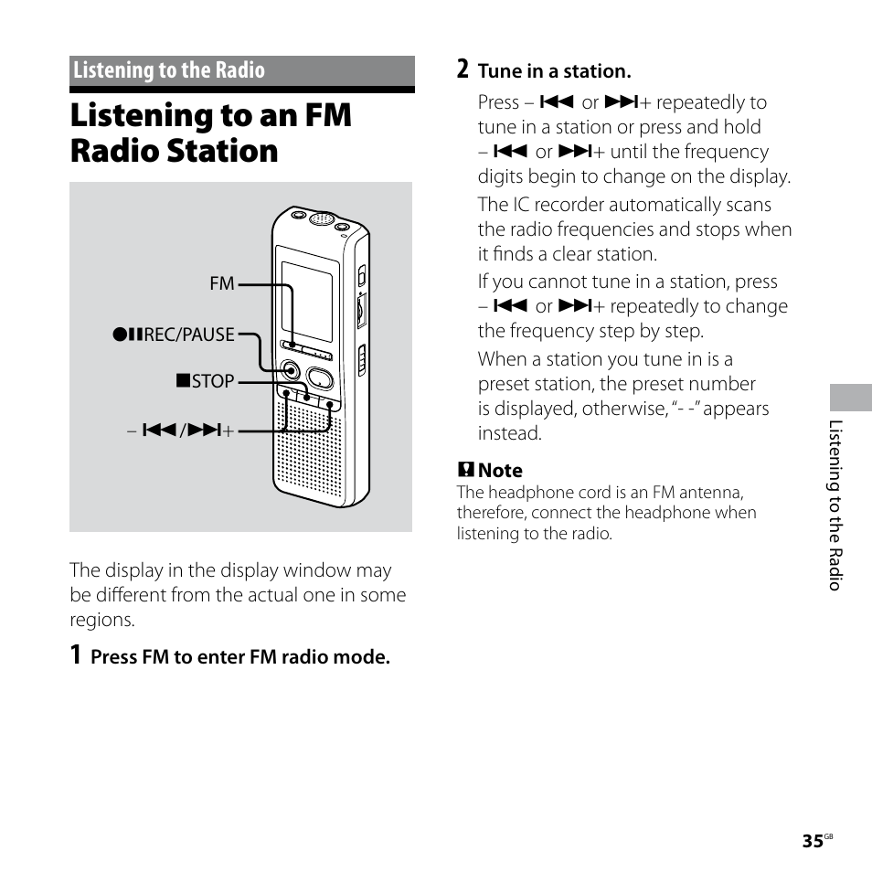 Listening to the radio, Listening to an fm radio station | Sony IC RECORDER ICD-P530F User Manual | Page 35 / 60