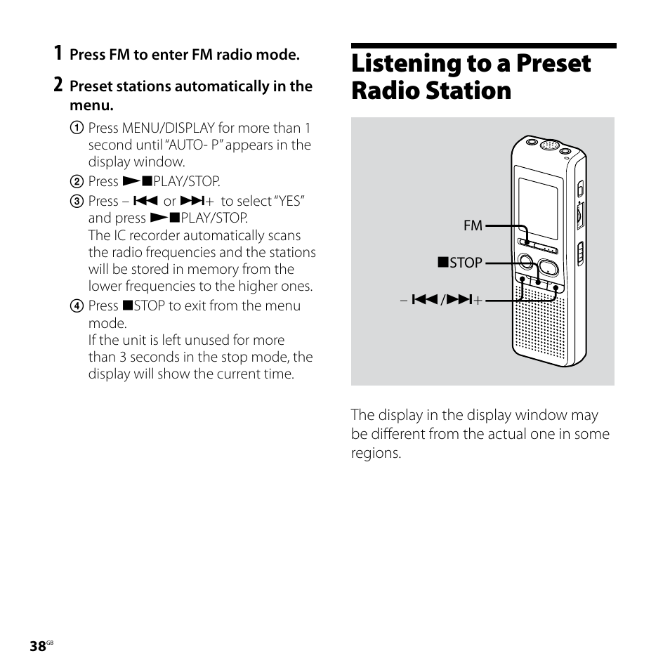 Listening to a preset radio station | Sony IC RECORDER ICD-P530F User Manual | Page 38 / 60