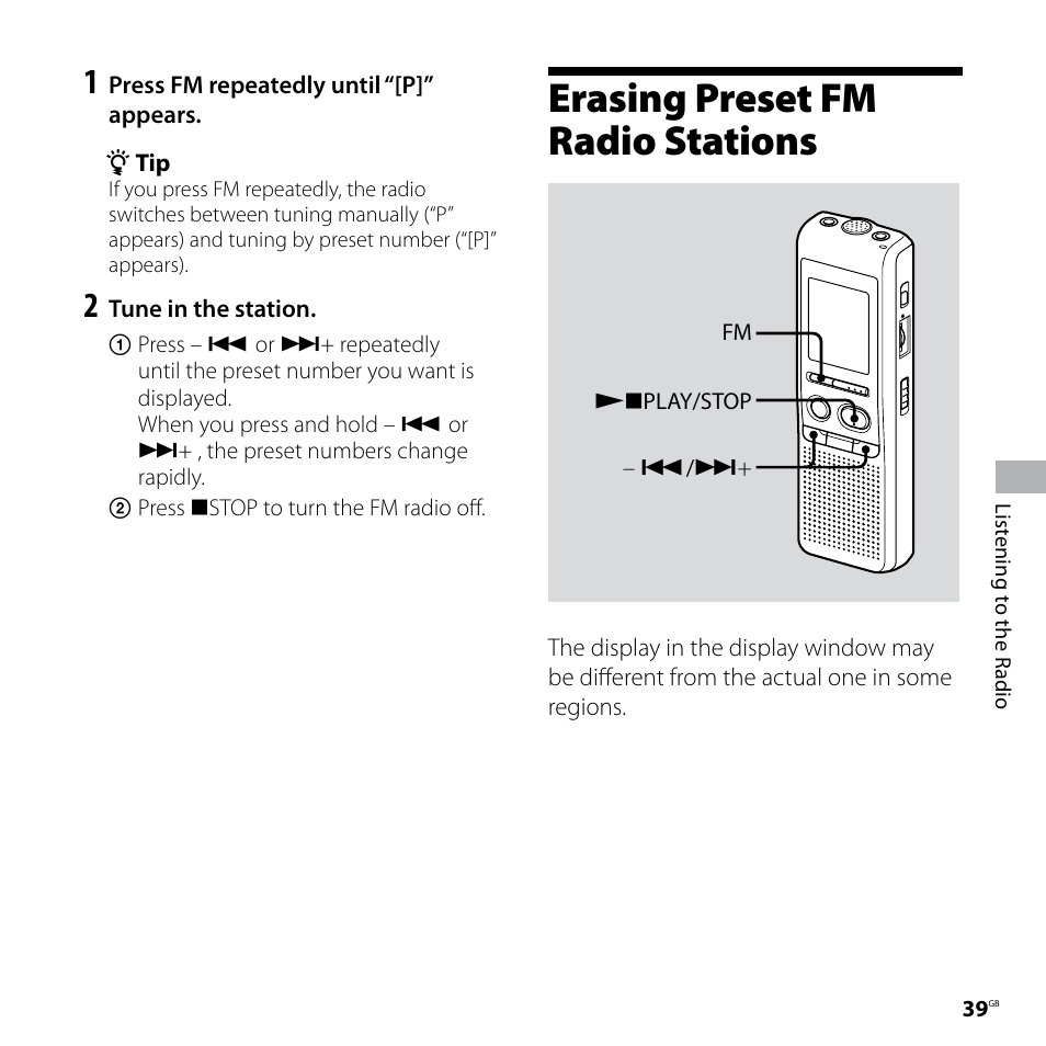 Erasing preset fm radio stations | Sony IC RECORDER ICD-P530F User Manual | Page 39 / 60