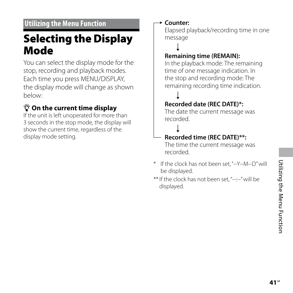 Utilizing the menu function, Selecting the display mode | Sony IC RECORDER ICD-P530F User Manual | Page 41 / 60