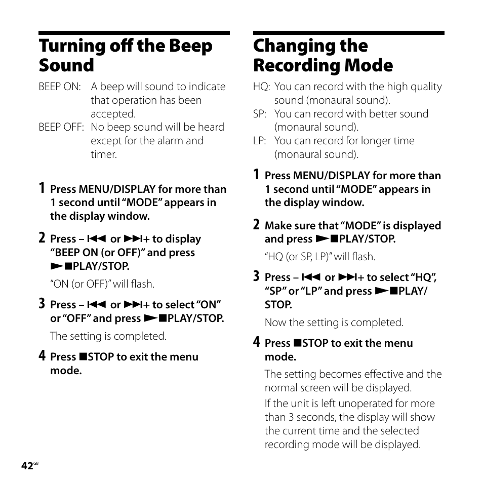 Turning off the beep sound, Changing the recording mode | Sony IC RECORDER ICD-P530F User Manual | Page 42 / 60