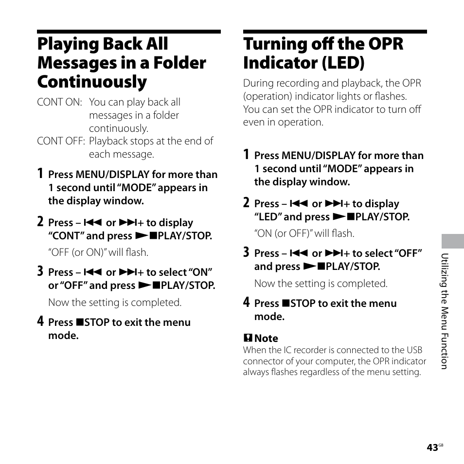 Playing back all messages in a folder continuously, Turning off the opr indicator (led), Playing back all messages in a | Sony IC RECORDER ICD-P530F User Manual | Page 43 / 60