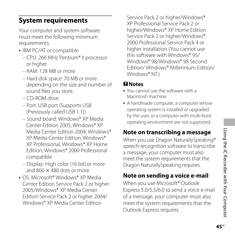 System requirements | Sony IC RECORDER ICD-P530F User Manual | Page 45 / 60