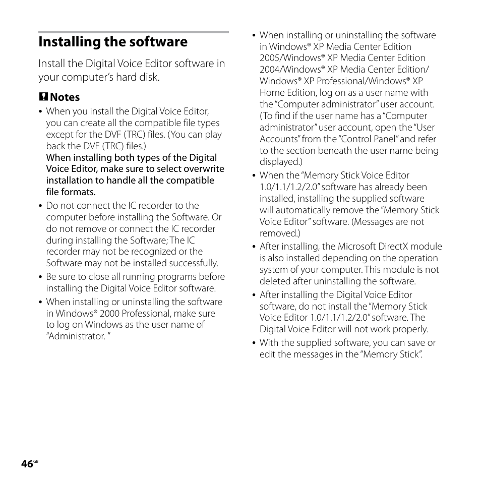 Installing the software | Sony IC RECORDER ICD-P530F User Manual | Page 46 / 60