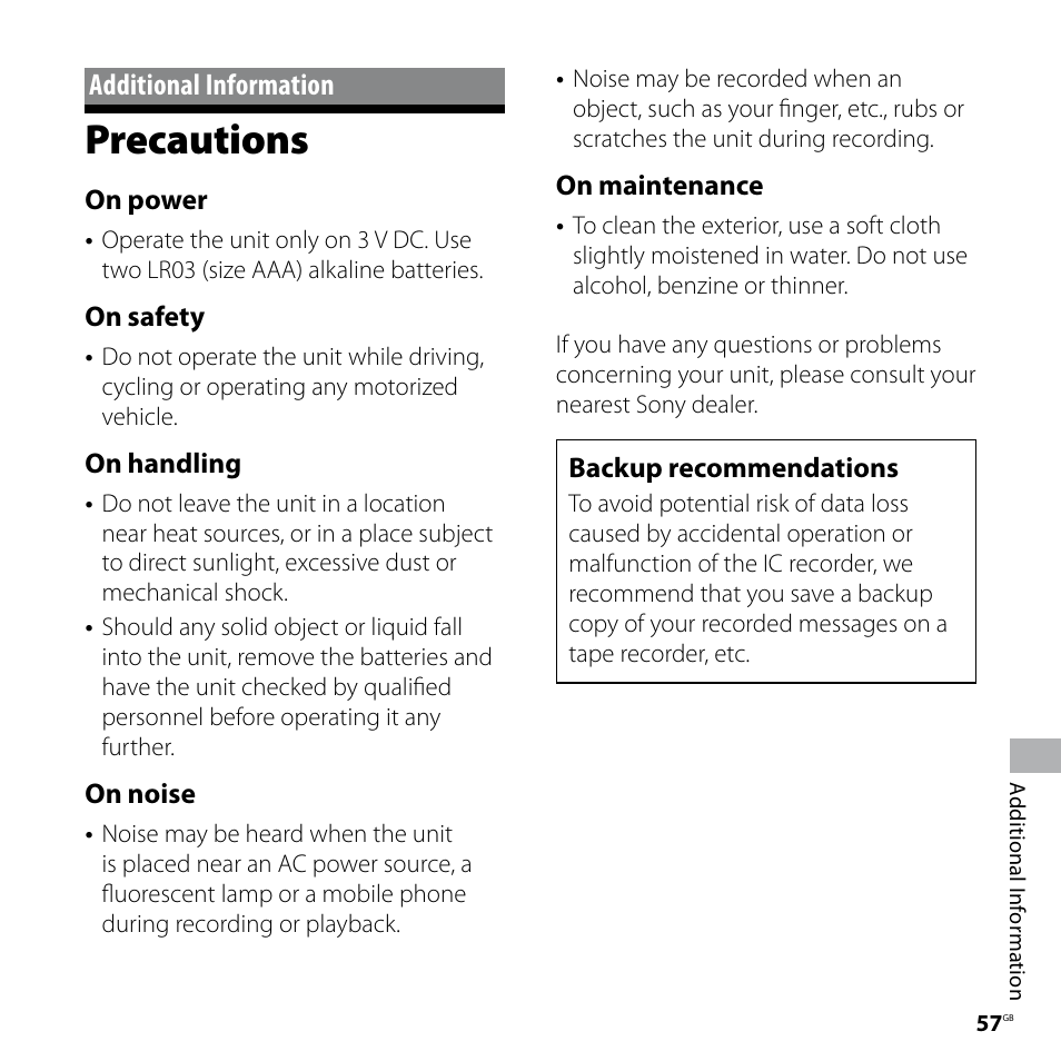 Additional information, Precautions, On power | On safety, On handling, On noise, On maintenance, Backup recommendations | Sony IC RECORDER ICD-P530F User Manual | Page 57 / 60