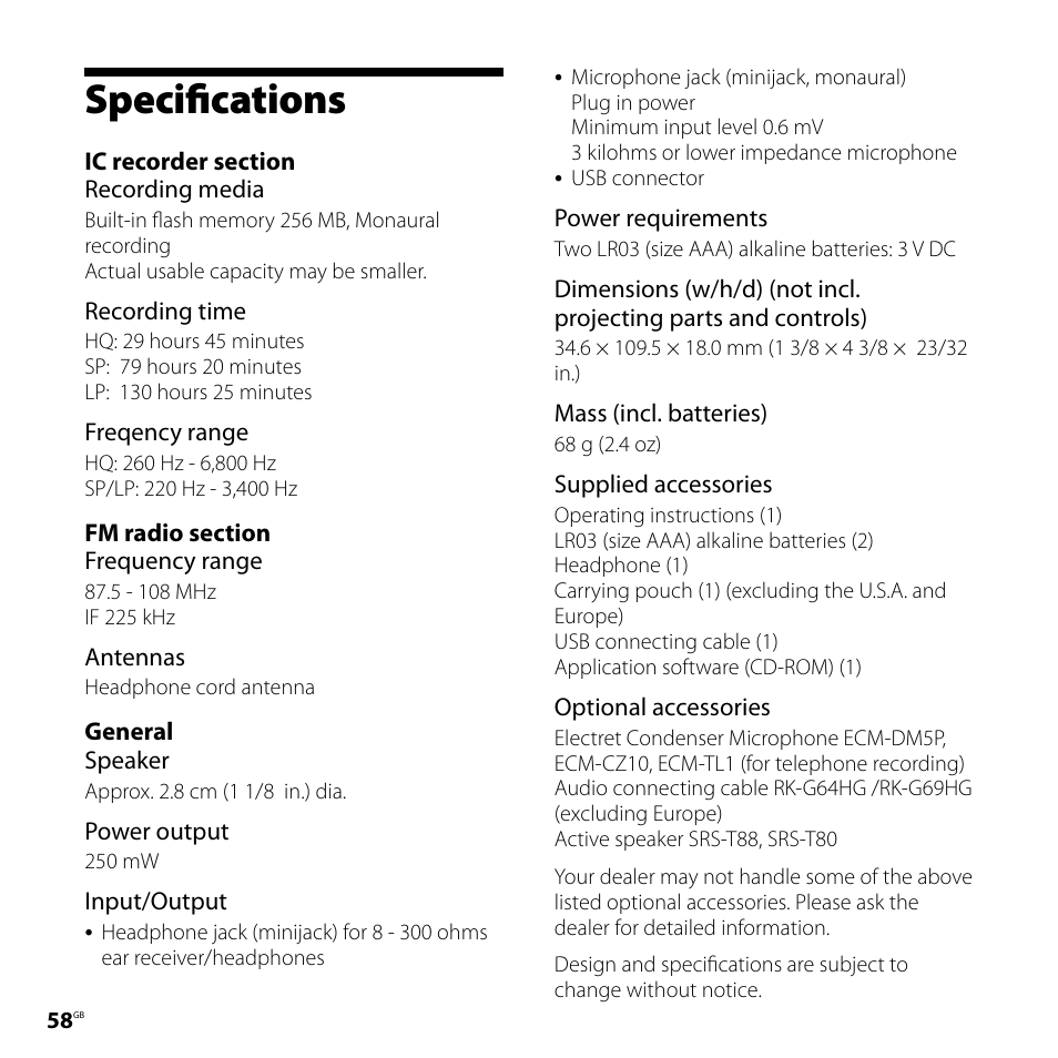 Specifications | Sony IC RECORDER ICD-P530F User Manual | Page 58 / 60