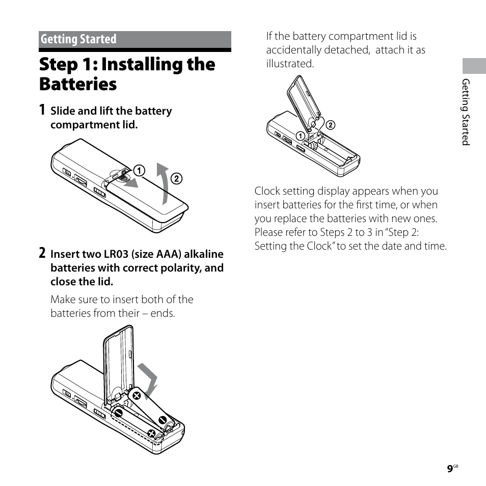 Getting started, Step 1: installing the batteries | Sony IC RECORDER ICD-P530F User Manual | Page 9 / 60