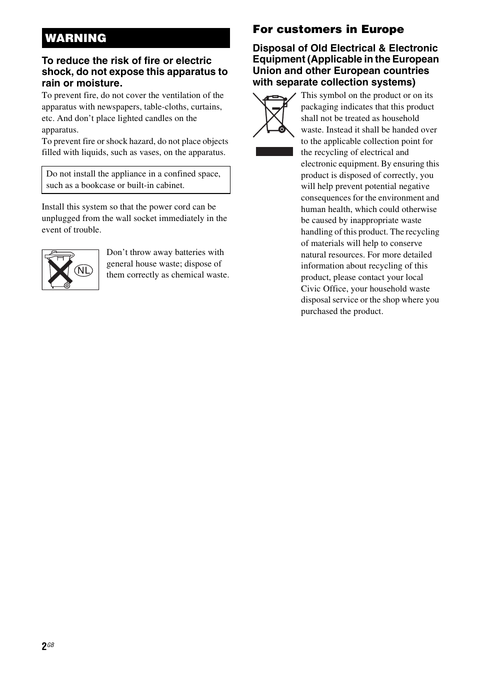 For customers in europe, Warning | Sony HT-SF1100 User Manual | Page 2 / 60