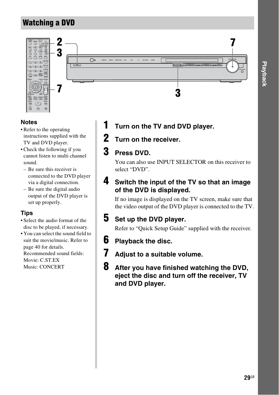 Watching a dvd, Turn on the tv and dvd player, Turn on the receiver | Press dvd, Set up the dvd player, Playback the disc, Adjust to a suitable volume, Play b a ck, Tips | Sony HT-SF1100 User Manual | Page 29 / 60
