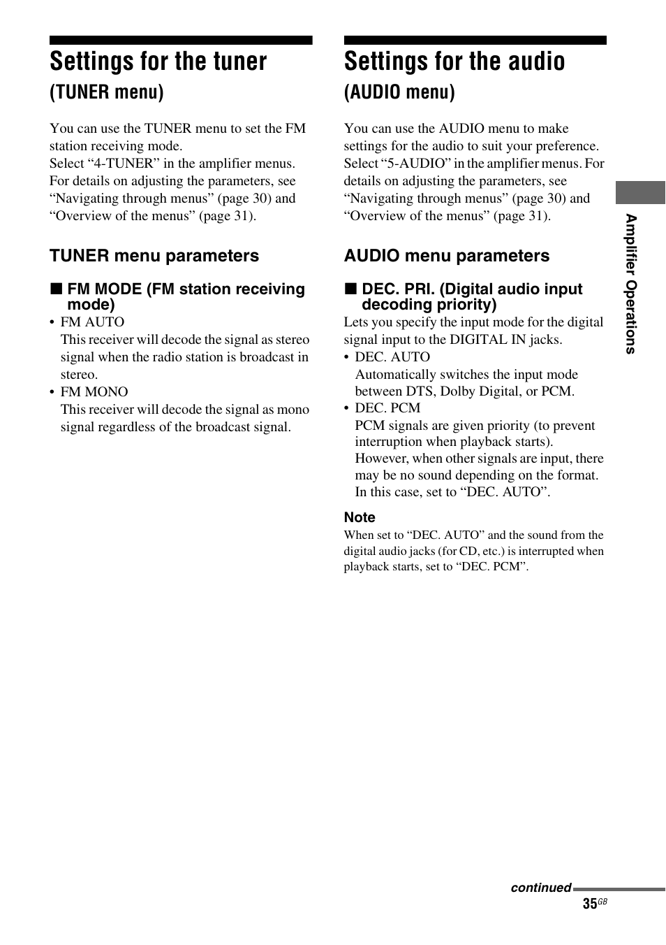 Settings for the tuner (tuner menu), Settings for the audio (audio menu), Io (35) | Settings for the tuner, Settings for the audio, Tuner menu), Audio menu) | Sony HT-SF1100 User Manual | Page 35 / 60