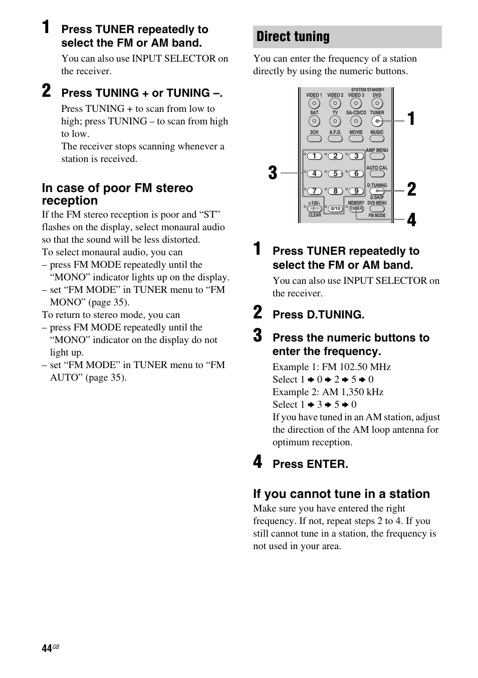 Direct tuning, If you cannot tune in a station | Sony HT-SF1100 User Manual | Page 44 / 60